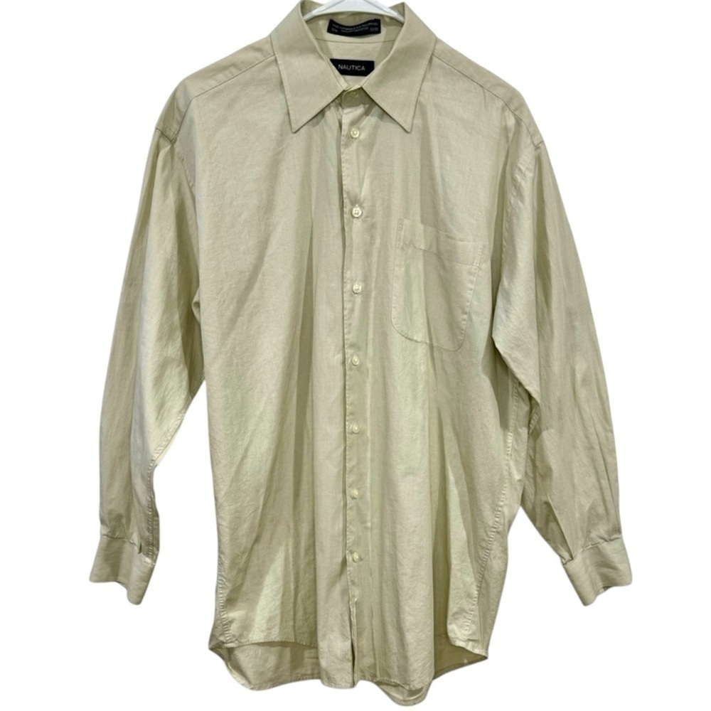 Nautica Button Down Shirt 100% Cotton Long Sleeve Tan Size 15 1/2 32/33